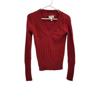 American Eagle Outfitters Classic Cable Knit Pullover V-Neck Sweater Red Medium